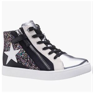 Nina Size 13 Kids Yuti Star High Top Sneakers Silver Black Glitter Lace Up Zip